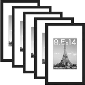 Upsimples 8.5x14 Picture Frame Set of 5, Display Pictures 7x10 with Mat or 8.5x14 Without, Wall Gallery Photo Frames, Black