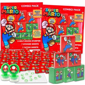 Super Mario Holiday Party Favor Boxes Set - Bundle of 40 Super Mario Bros Stickers, Tattoos, Stampers for Non-Candy Halloween, Trick or Treat, More