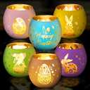 Jingmore 6 Pcs Easter Tealight Candle Holders Bunny Egg Flameless Glass Votive Holders Happy Easter Votive Candle Decor with 6 Laser Engraving Patterns for Spring Home Table Centerpiece (Multicolor)