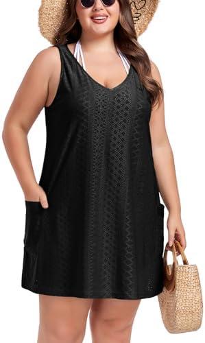 ZOMVA 2025 Women's Plus Size 0X-4X Swimsuit Coverup with Pockets Sleeveless Bikini Beach Cover Up Dress Outfits Swimwear 4XL