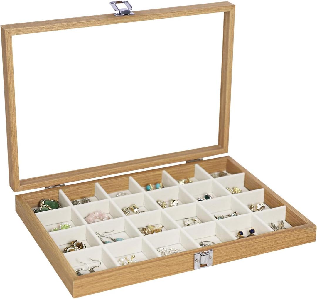 Stratalife Jewelry Organizer Wooden Jewelry Box Jewelry Display Case Jewelry Tray with Glass Lid Earring Holder Organizer Bracelet Ring Organizer 24 Grid Jewelry Tray Vintage Gift for Women