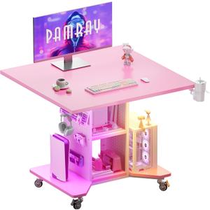Pamray Small Rolling Gaming Desk with Led Lights Power Outlets and Storage Pegboard, Small Spaces Compact PC Computer Table Pink (32 inch)