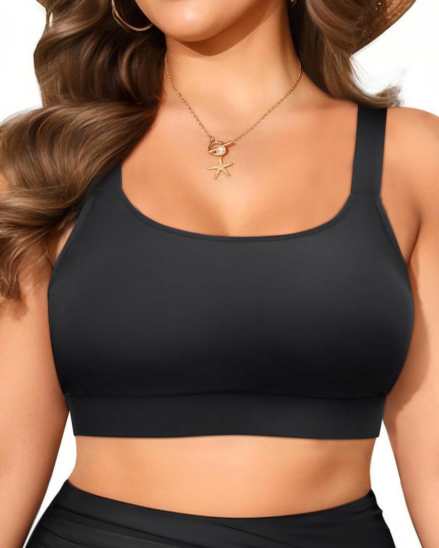 Daci Women Plus Size Sports Bra Bikini Top Only Push Up Scoop Neck Swim Top Full Coverage Bathing Suit for Large Bust (Black)
