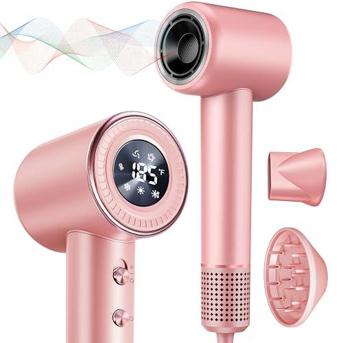 Rudd Hair Dryer with Diffuser, High Speed Hair Dryer with Display, 110000 RPM Brushless Motor for Fast Drying, 200 Million Negative Inoic Low Noise, Pink