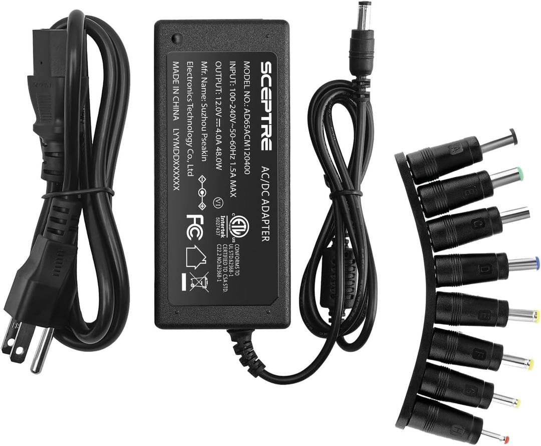 Kado Power Adapter 12V-4A 3A 2.5A 2A 1.25A 1A AC/DC Power Cord 5.5x2.1mm with 8 Tips Made for Sceptre Monitor, Echo Smart Speaker & Display, Webcam, Router, Mini PC, Projector, CCTV, Bluetooth Speaker