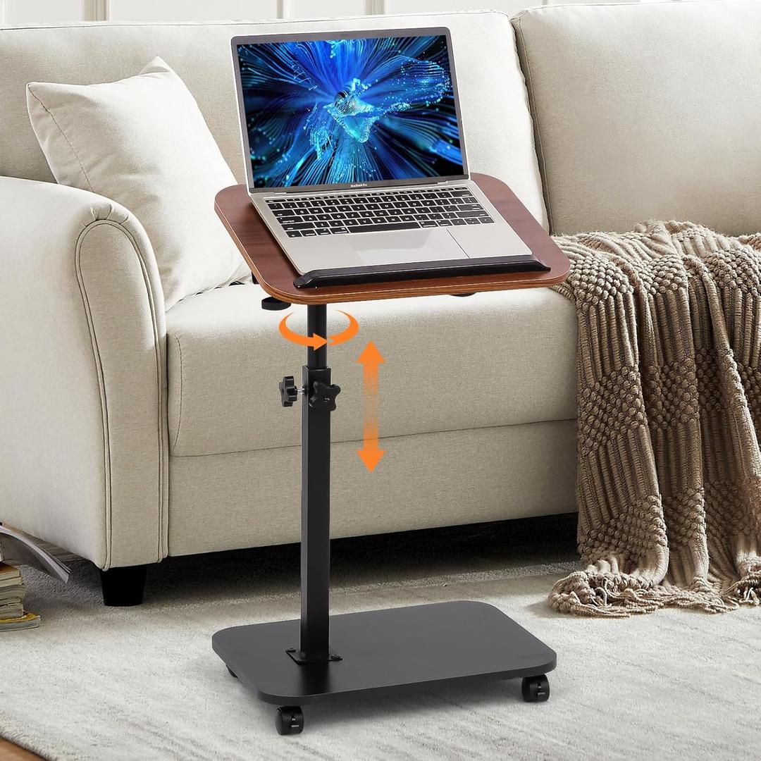 Swivel TV Tray Side Table Adjustable Height Couch Tables for Small Space Folding C Shaped End Table with 360Rotating 180Flip Top Sofa Laptop Pedestal Tables for Living Room Bedroom Bedside (Brown)