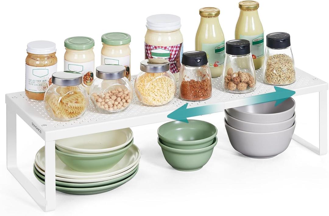 SONGMICS Spice Rack, Expandable Kitchen Countertop Shelf, Small Cupboard Organizer, Metal, Space-Saving Tabletop Shelf, Matte White 