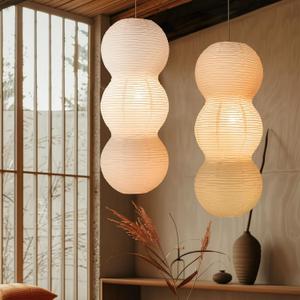 2 Pack Paper Hanging Lamp Shades, 27 Inch White Foldable Pendant Lamp Shades, 3 Tier Handmade Rice Paper Lantern Lampshades Only,for Japandi Boho Minimalist Living Room Bedroom Dining Room Kids Room