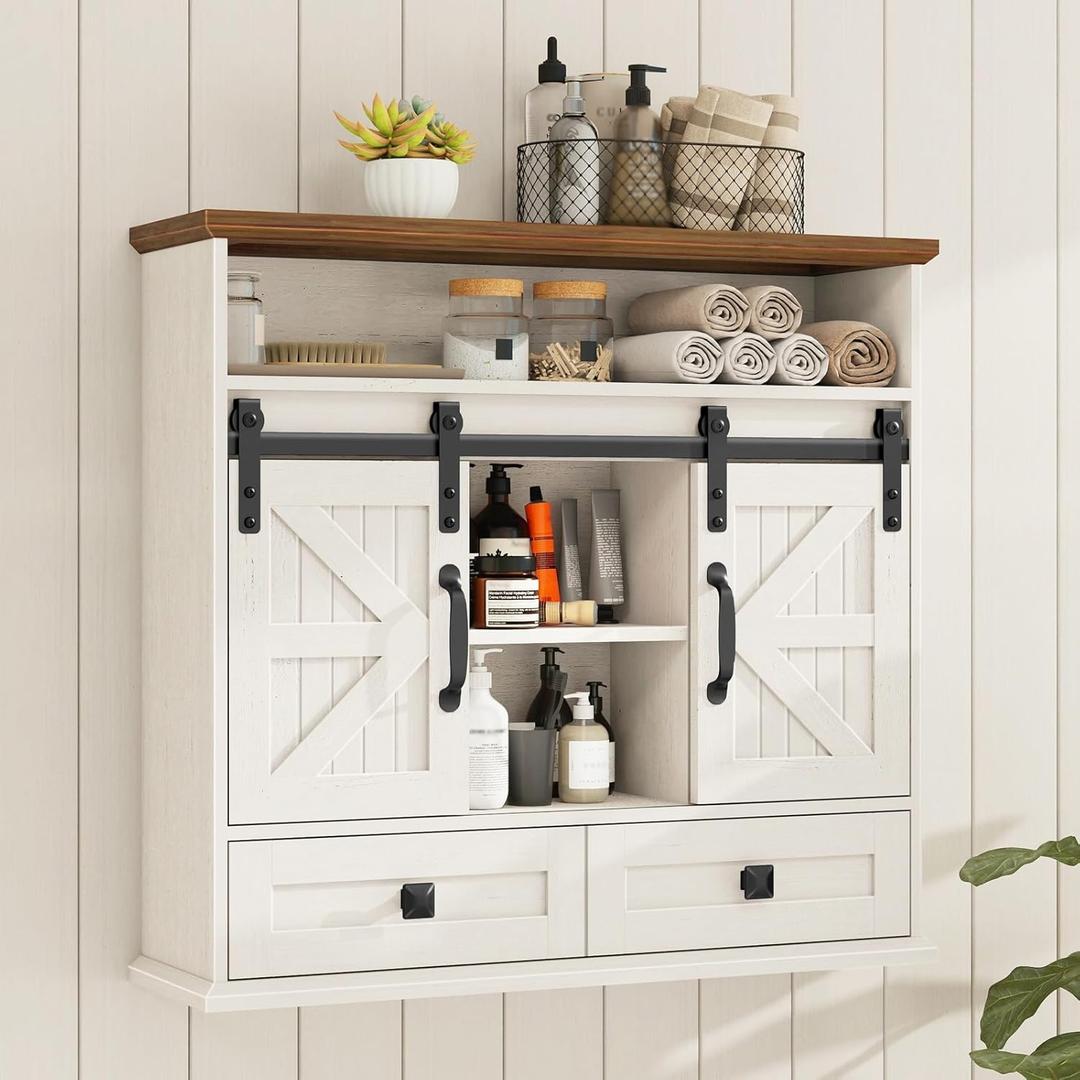 Vabches Bathroom Wall Cabinet, Farmhouse Medicine Cabinet with Double Sliding Barn Door and Storage Drawer, Wooden Vintage Storage Cabinet Wall Mounted for Bathroom, Kitchen, Rustic White and Brown