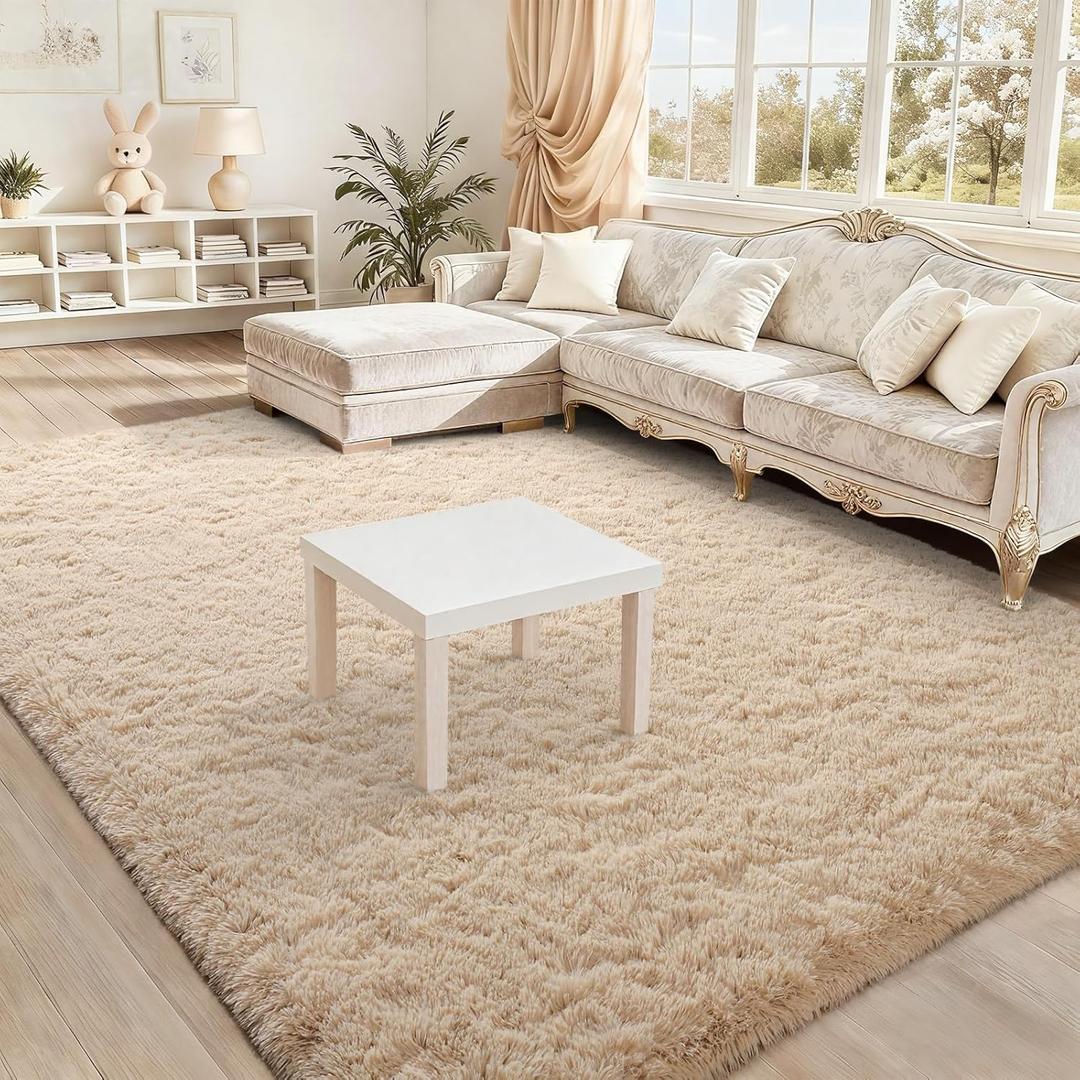 BENRON Fluffy Rugs for Living Room 5x8 Light Tan, Washable Large Area Rugs for Bedroom Dining Table Office Kids Nursery Room, Washable Indoor Floor Carpets