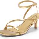 DREAM PAIRS Women's Low Kitten Heels Strappy Open Square Toe Ankle Strap Sexy Fashion Comfort Dress Shoes Party Heeled Sandals (9.5, Gold)