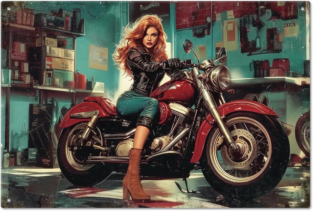 GLOBLELAND Vintage Garage Motorcycle Lady Metal Tin Sign 8x12inch Vintage Cool Pin Up Lady Art Plaque Poster Wall Decor for Home Bars Clubs Garage Motorbike Lover Gifts