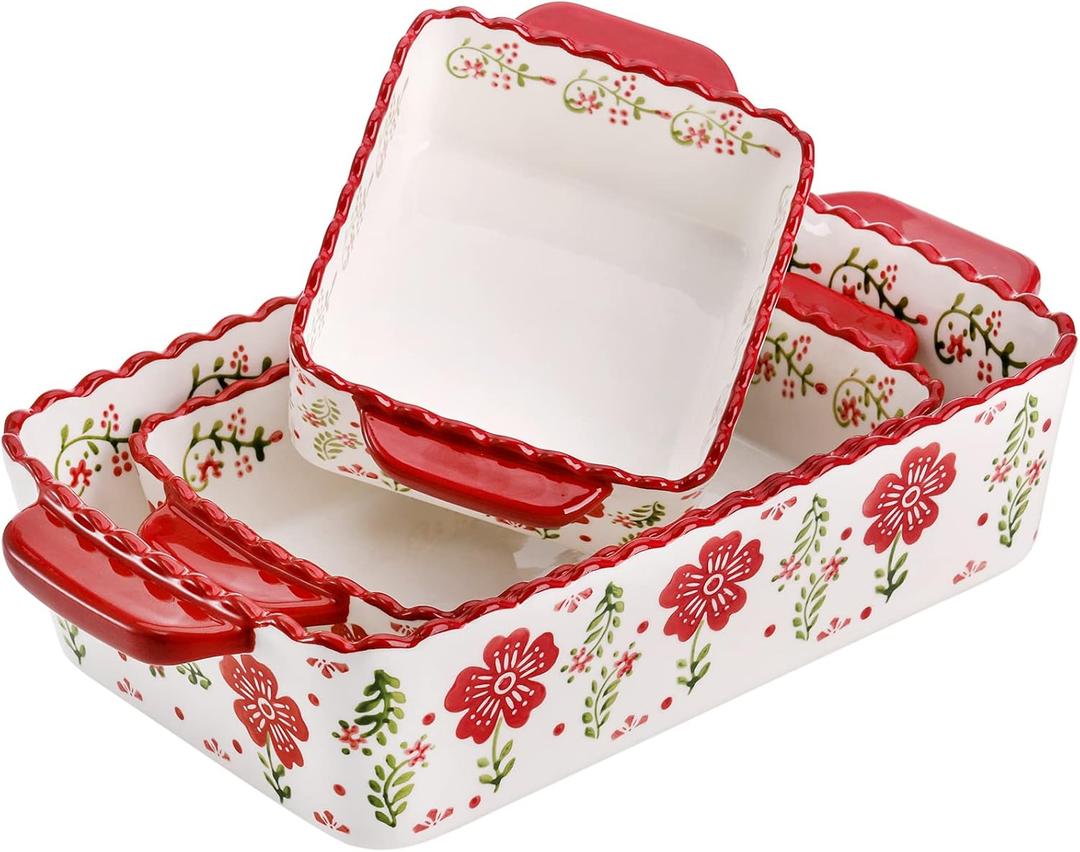 Coloch 3 Pack Ceramic Baking Dishes, Rectanglar Bakeware Set Hand-painted Lasagna Pan Porcelain Serving Bakeware for Pasta, Chicken, Kitchen, Banquet, Microwave and Dishwasher Safe