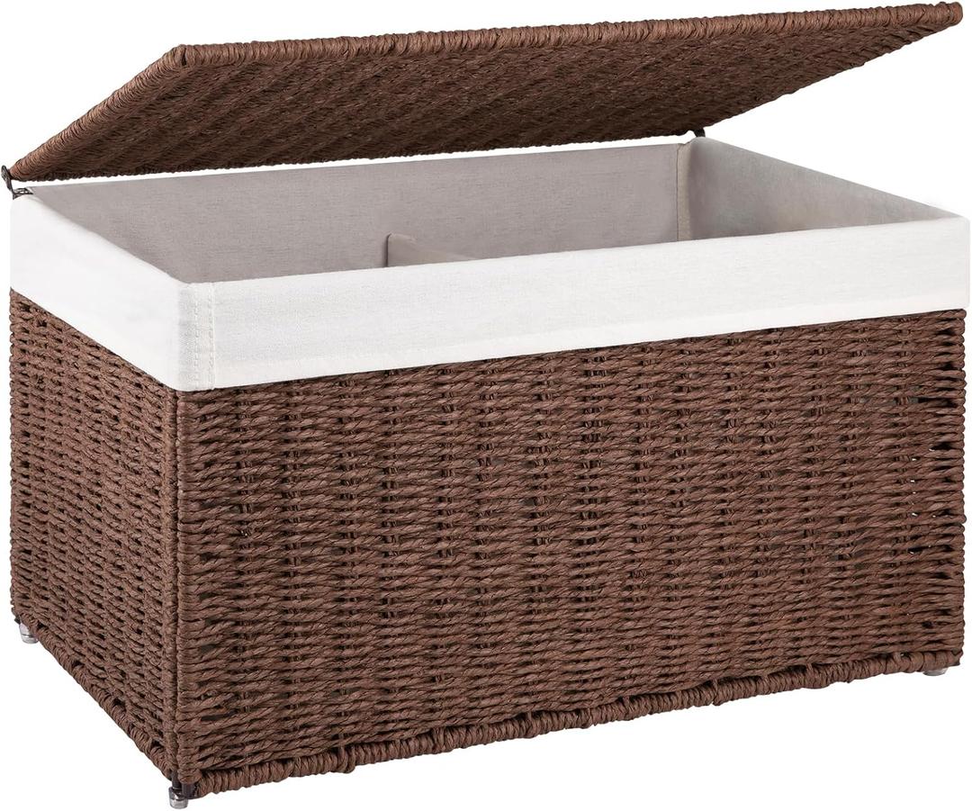 OIAHOMY Storage Basket with Lid, 17.2 Gallon (65L) Blanket Basket with Removable Separated Liner Bag, Paper Rope Hamper with Handle, Foldable, Shelf Basket for Living Room, Brown