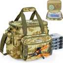 KastKing BaitSpace Fishing Tackle Bag With 4 Tackle Boxes & Removable Bait Binder, Water-Resistant Tackle Storage, Durable Fishing Gear, Adjustable Shoulder Strap (Medium - 4*3600 Trays, B: Khaki Camo)