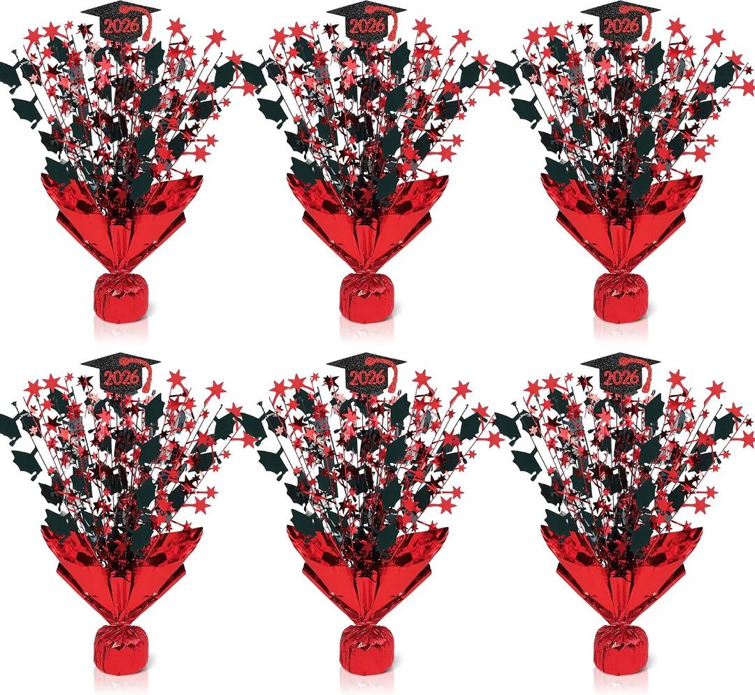 6 Pcs Graduation Table Centerpieces, Red and Black Graduation Table Decorations 2026 Metallic Foil Spray Grad Tabletop Centerpiece Star Burst Glitter Graduate Cap Class of 2026 Graduation Party Favors