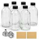 6 Pack, 4 oz Small Clear Glass Bottles with Lids & 2 Stainless Steel Funnels - 120ml Boston Sample Bottle for Potion, Juice, Wellness, Ginger Shots, Whiskey, Liquids - Mini Travel Essential Bottles