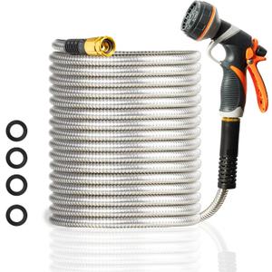 Metal Garden Hose 150FT Heavy Duty Lightweight 304 with Brass Nozzle,Durable Fittings,No Kink & Tangle,Puncture Resistant,Easy to Use & Store for RV,Outdoor, Yard,Ligh (150ft)