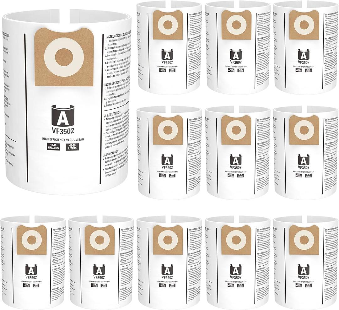 12 Pack 23743 VF3502 Vacuum Bags Compatible with Ridgid 12 to 16 Gallon Wet Dry Vacuums, High Efficiency Replacement Filter Bags for Model WD1950 WD1956 WD1850 WD1851 RV2400HF WD1450 WD1680 WD1270