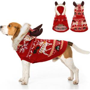 OTOB Medium Large Dog Sweater Christmas Hoodie Holiday, Soft Warm Ugly Christmas Sweater for Dogs, Dog Outfit with Reindeer Snowflake and Leash Hole, Cold Weather Pet Knitwear Clothes, L