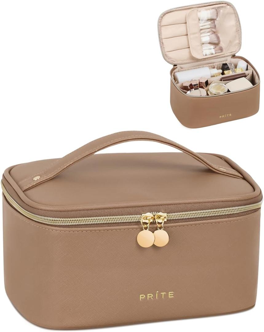 Prite Makeup Bag, Large Capacity Portable Travel Cosmetic Bag, Waterproof Makeup Organizer for Women with Handle and Divider (001 Brown)
