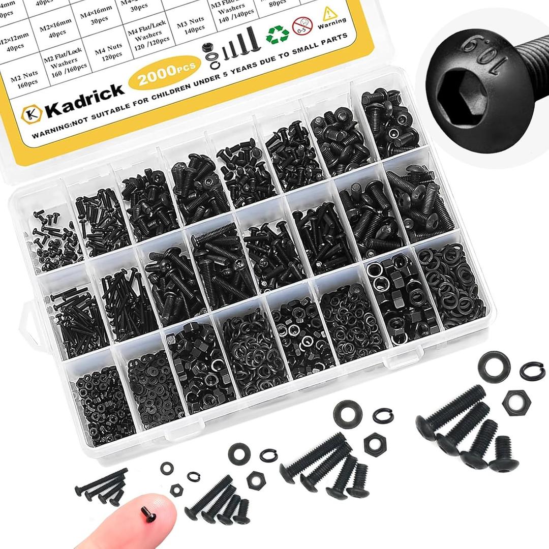 Kadrick Metric Screw Assortment, 2000PCS Metric Bolt Assortment Kit M2 M3 M4 M5 Machine Screws with Lock & Flat Washers, Grade 10.9 Alloy Steel Hex Socket Button Head Black Screws Nuts and Bolts Kit