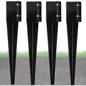 Furnishh Metal Anchor and Stakes - 4x4 Fence Post Holders, Black Ground Post Spikes, 24" Long, Set of 4