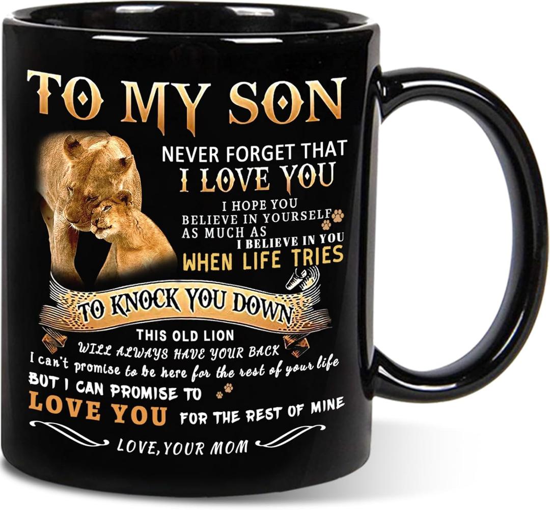 Shqiueos Valentines Day Gifts for Son from Mom-to My Son Lion Mug, Son Birthday Gifts from Mom, I Love You Son, Inspirational Father's Day Christmas Gift for Kids Men Son Adult (11oz)