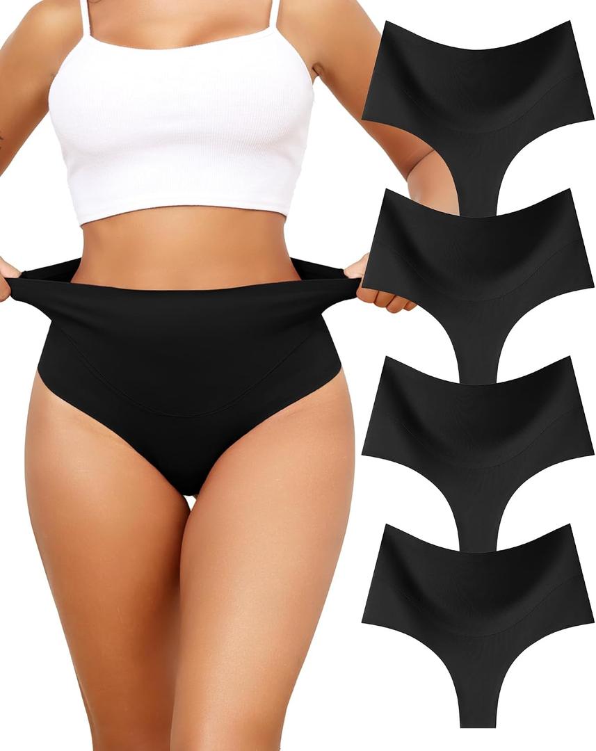 LEVAO 4 Pack Tummy Control Thong for Women High Waist Seamless Underwear | Postpartum Gentle Compression, No Panty Lines Under Leggings, Tame the Tummy Flab, No Show Shaper S-XXL (XXL)