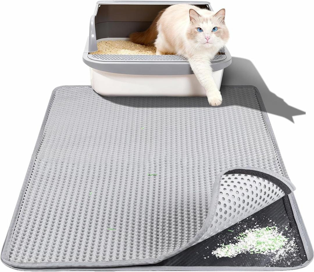 Cat Litter Box Mat for Small Cats, Double Layer Honeycomb Cat Litter Trapping Mats, Waterproof Urine Proof Non-Slip Litter Pad for Indoor Kitty Cat Litter Rug, Easy to Clean Grey (23.6'' x 14.9'')