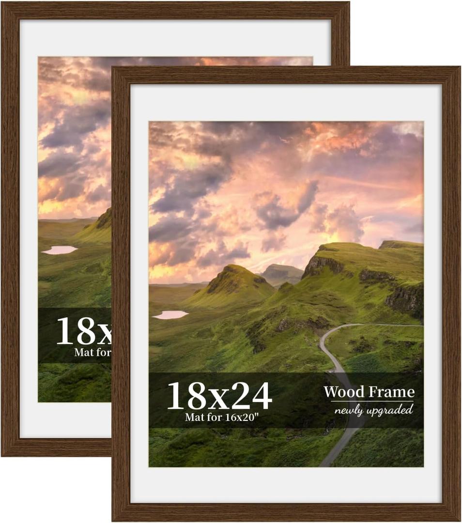 18x24 Picture Frame Set of 2, Wood Frame with Real Glass, Wide Border, 18X24 in