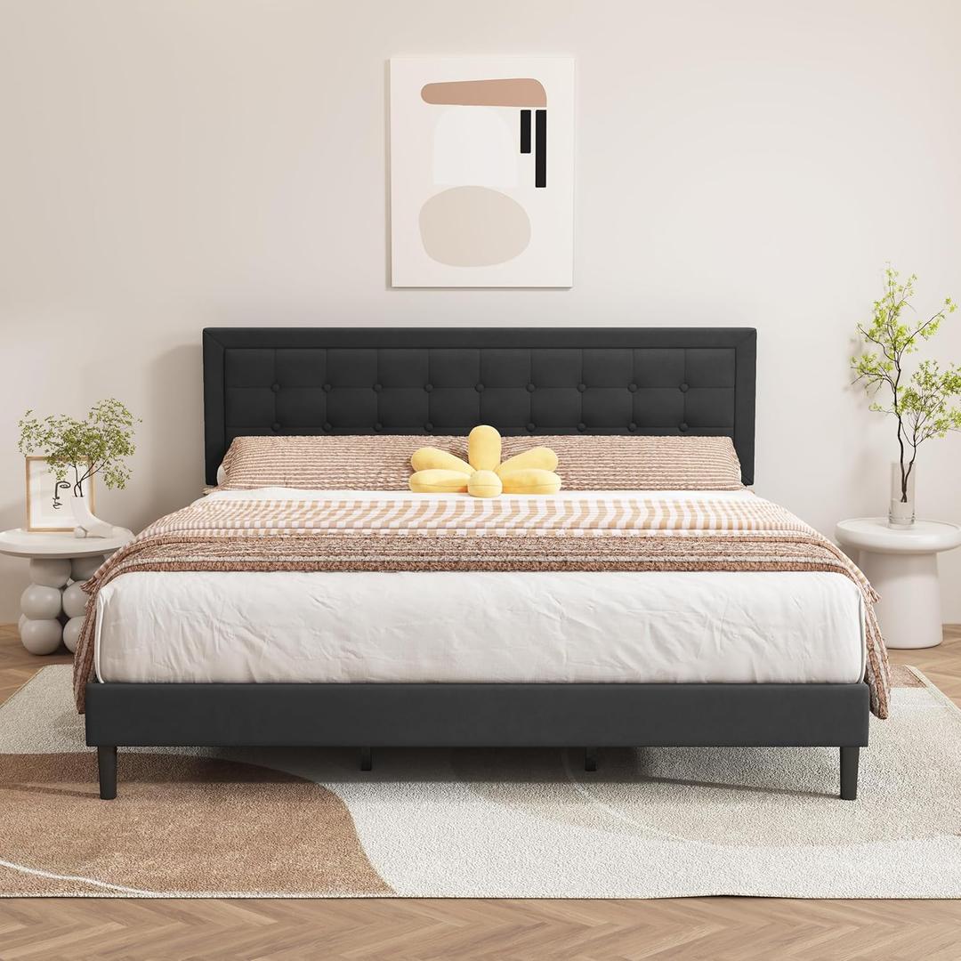 alazyhome King Size Black Modern Upholstered Platform Bed Frame with Button Tufting Headboard Solid Wood Slats Support No Box Spring Needed Easy Assembly