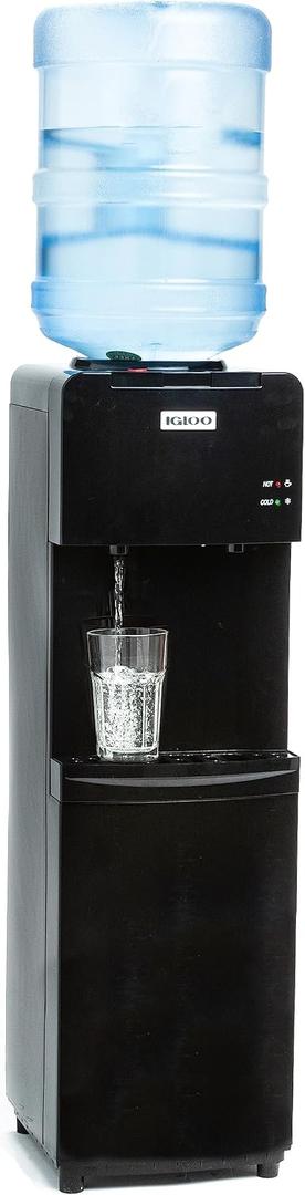 Igloo Top Loading Water Cooler Hot & Cold Dispenser Sleek Black, Holds 3 & 5 Gallon Jugs, Child Safety Lock for Homes, Kitchens, Offices, Dorms