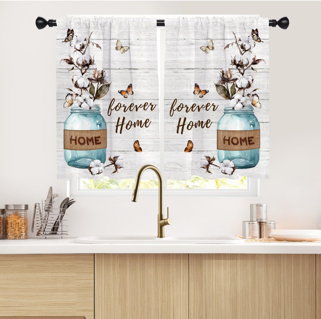 Farmhouse Kitchen Window Curtain Panels Short Small Cafe Mini Teal Floral Brown Flower Vintage Retro Decorative Drapes Rod Pocket 27.5x39 Inches Bathroom Bedroom Home Set for Living Room Decor