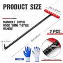 Gisafai 2 Pack 24 Inch Manhole Cover Hook with T Handle and Gloves Heavy Duty Steel Sewer Tool for Manhole Covers, Storm Drains, Septic Lids, Multi Purpose Lifting and Removal Kit
