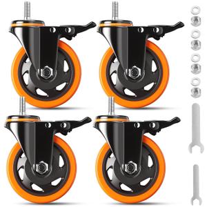4 Inch Caster Wheels 2000Lbs, Threaded Stem Casters Set of 4 Heavy Duty, 1/2"-13 x 1 (Screw Diameter 1/2", Stem Length 1"), Safety Dual Locking Industrial Castors, Wheels for Cart, Furniture