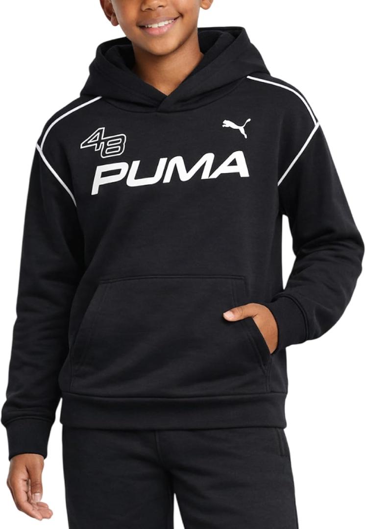 PUMA Boys Hoodie - Athletic Performance Fleece Pullover hoodies for Boys - Cozy Soft Graphic Kids Sweatshirt (14-16, Black Bold Logo)