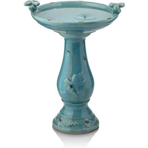 Alpine Corporation 25" Tall Outdoor Ceramic Antique Pedestal Birdbath with 2 Bird Figurines, Turquoise