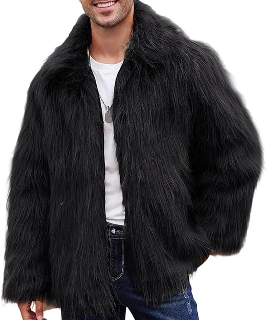 Gihuo Faux Fur Coat Winter Jackets for Men Mens Winter Coats Faux Fur Jacket Warm Fluffy Furry Trench Fake Fur Jacket (Small, Black)