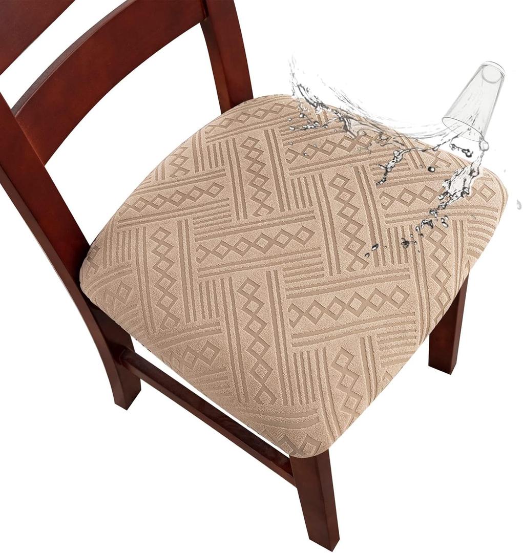 Genina Chair Seat Covers Waterproof Dining Room Chair Covers 4 Pack Stretch Seat Covers for Dinning Room Chair Protector Slipcover for Kitchen, Hotel (4, Pattern1-Khaki)