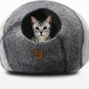 Large Wool Cat Cave Premium Felt Bed for Cats & Kittens Pet House Natural 100% Merino Wool Handmade Indoor Hideaway Eco-Friendly Cove 19 Inch Diameter Round Handcrafted Dome (Large Gray White)
