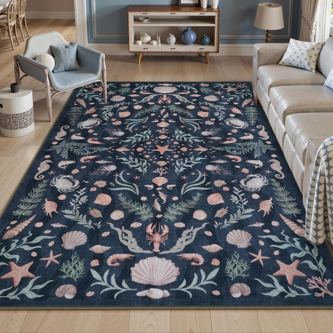 LIVEBOX Vintage Coastal Machine Washable 5x7 Area Rugs for Living Room, Non Slip Soft Deep Blue Low Pile Farmhouse Ocean Beach Kids Rugs for Bedroom Indoor, Carpet Rugs for Dining Room (5ft x 7'ft