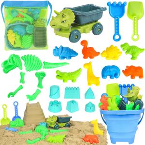 FUSPWEAO Beach Toys, Dinosaur Sand Toys with Dump Truck and Collapsible Beach Bucket, Shovel and Rake, Mesh Bag, Animal Dinosaur Sand Molds, Sand Castle Toy, Sandbox Toys for Toddlers Kids Boys
