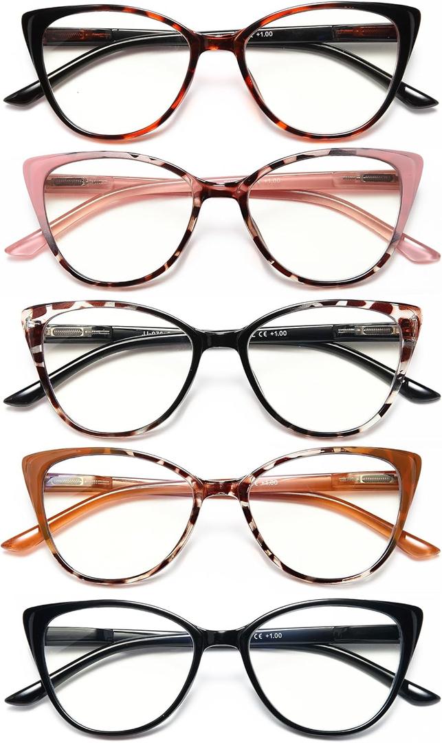 EYEURL 5 Pack Cat Eye Reading Glasses for Women-Blue Light Glasses for Woman Fashion Readers with Spring Hinge