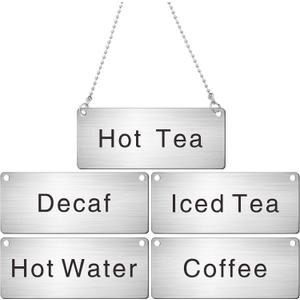 Hicarer 5 Pcs Stainless Steel Chain Signs 3-1/2 x 1-3/8 Beverage Table Display Hanging Chain Sign(Coffee, Decaf, Hot Water, Hot Tea, Iced Tea)