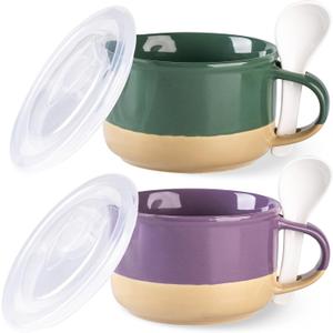 GBHOME Ceramic Soup Mugs with Handles and Lids,24 OZ Soup Cups Set of 2 with Terracotta Underside,Mug Bowls with Spoon for Soup/Cereal/Salad/Noodles/Ramen/Microware &Dishwasher Safe-Green&Purple