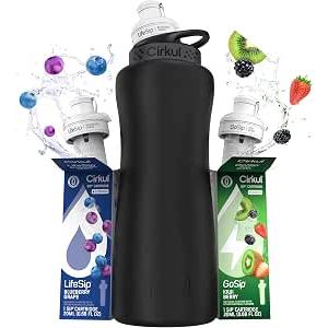 Cirkul 32oz. Matte Black Stainless Steel Water Bottle Starter Kit with Black Lid and 2 Flavor Cartridges (1 LifeSip Blueberry Grape, 1 GoSip Kiwi Berry) No Sugar, Zero Calorie Drink Mix