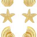 3 Pairs Beach Earrings for Women 14K Gold Statement Earrings Summer Ocean Jewelry Starfish Conch Seashell Stud Earring Set