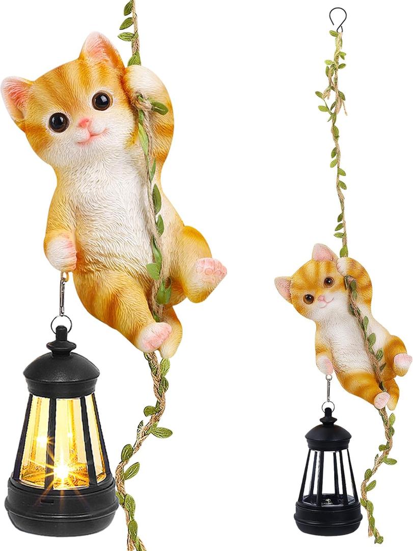 Solar Hanging Cat Statue, Outdoor Resin Orange Cat Figurine with LED Lights, Ginger Kitty Animal Ornament for Garden, Fence, Porch, Patio, Yard Decor, Dusk to Dawn Auto On/Off