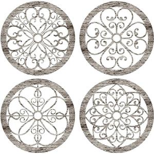 Yulejo 3 Pcs Thicken Rustic Wall Decor Farmhouse Kitchen Wall Round Art Wooden Hollow Carved Design Rustic Art for Living Room Bedroom Hallway Decor(11,8 x 11,8 Inch,Grey wood tone)